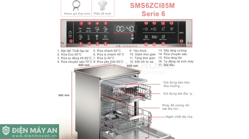Máy rửa bát độc lập Bosch Serie 6 Sấy Zeolith SMS6ZCI85M